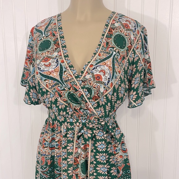 Boho Maxi Dress Faux Wrap Side Slits V Neck Short Flutter Sleeves Like New Small - Picture 3 of 17